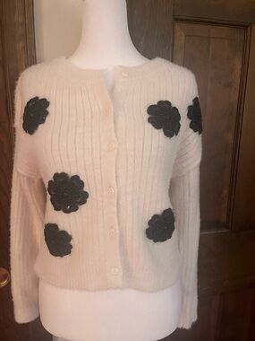 Francesca's Collections Cream Cardigan with Black Floral Appliqués